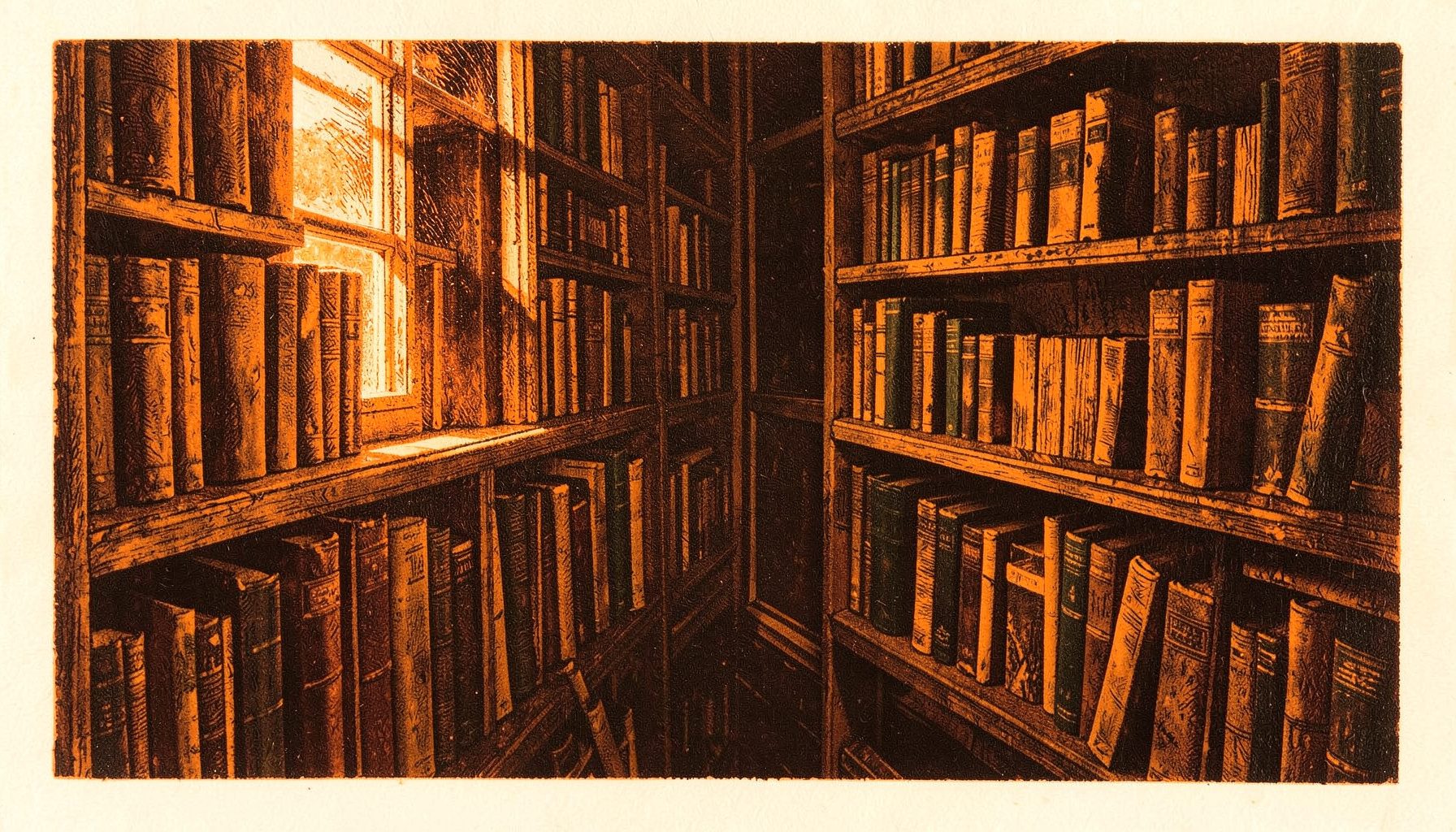 Тёплая монохромная линогравюра: ряды книжных стеллажей в полумраке, мягкий свет из окна падает на корешки, преобладают глубокие коричневые и охристые тона.